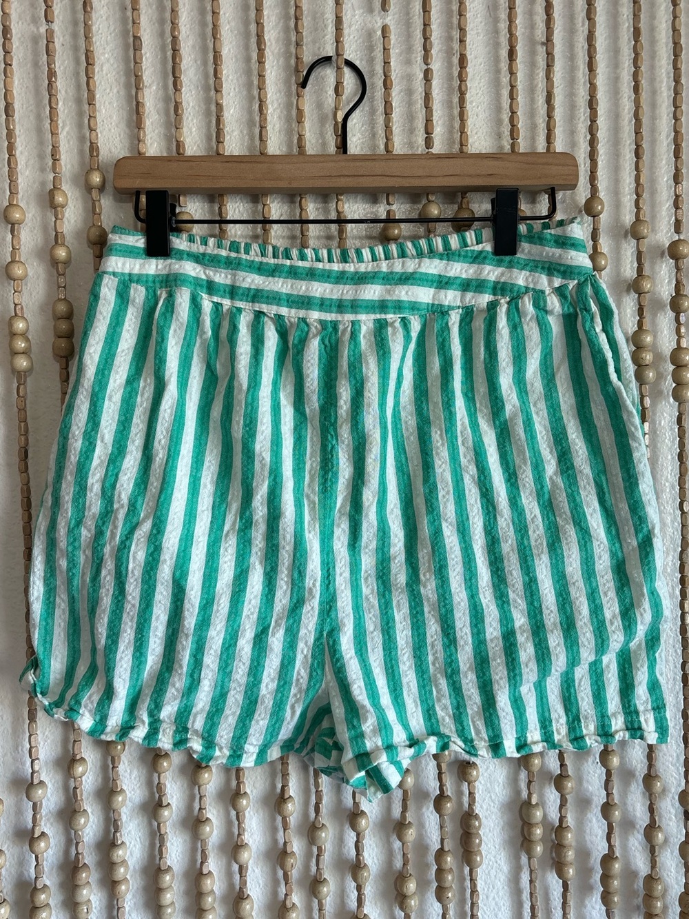 Japna Green White Striped Stretch Waist Cottage Preppy Summer Cotton Shorts